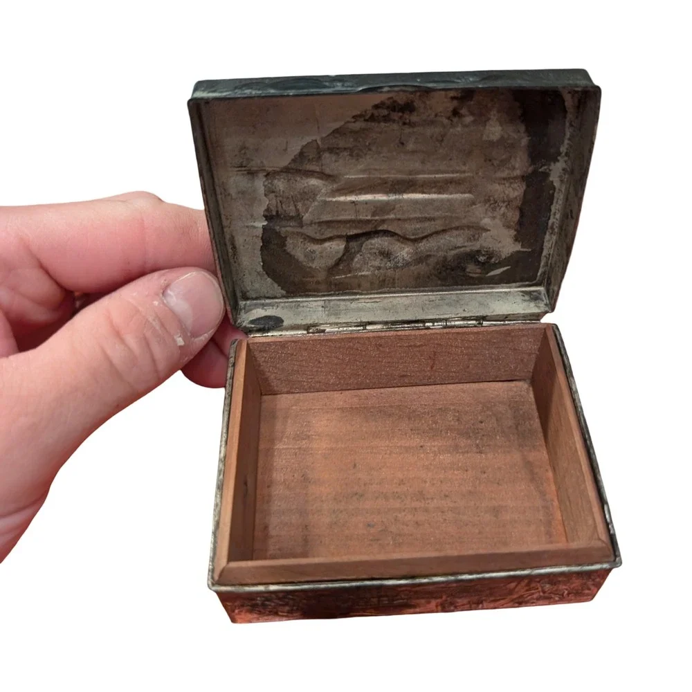 Vintage Japanese Mixed Metal Trinket Box Repousse Scenic Temple Wood Lined